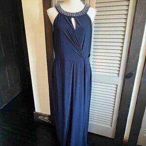 Navy Blue Gown Beaded Neckline Size 14 MOTB/MOTG Faux-Wrap Key-hole Bodice